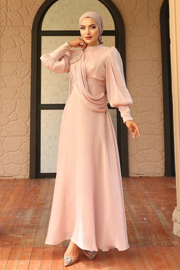 فستان سهرة حرير يورغو واسع مع تفاصيل بروش مسحوق 1242