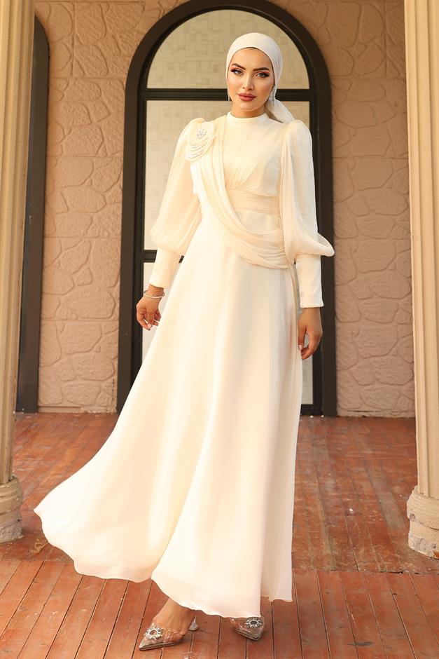 فستان سهرة حرير يورغو واسع مع تفاصيل بروش العاج 1242