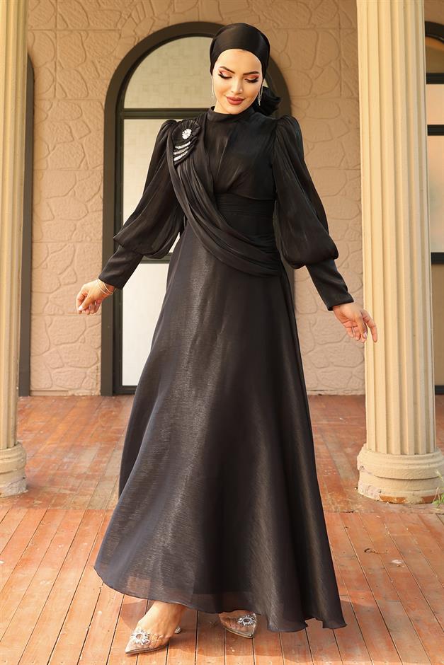 فستان سهرة حرير يورغو واسع مع تفاصيل بروش أسود 1242