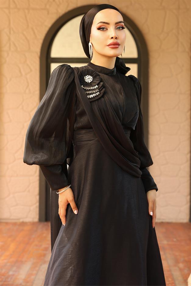 فستان سهرة حرير يورغو واسع مع تفاصيل بروش أسود 1242
