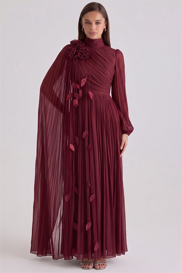 Broş Detaylı Pelerin Yoryo İpek Tesettür Abiye Elbise BORDO 1256