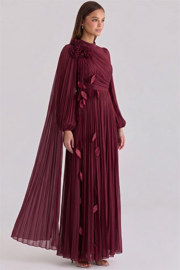 Broş Detaylı Pelerin Yoryo İpek Tesettür Abiye Elbise BORDO 1256