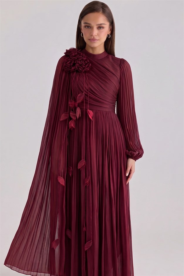 Broş Detaylı Pelerin Yoryo İpek Tesettür Abiye Elbise BORDO 1256