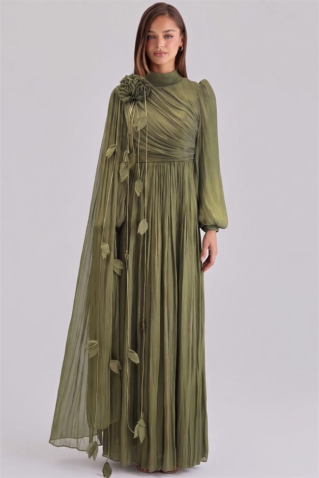 Broş Detaylı Pelerin Yoryo İpek Tesettür Abiye Elbise YEŞİL 1256