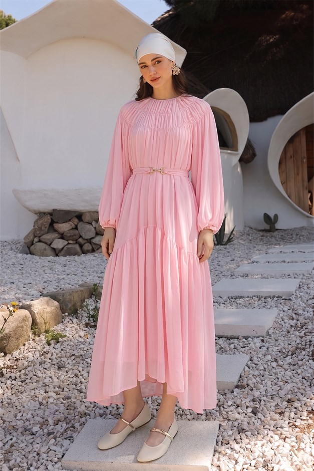 Büzgü Detaylı Balon Kol Şifon Elbise PEMBE 9461-E