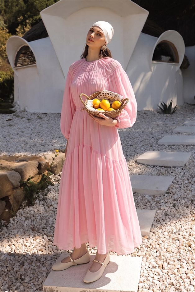 Büzgü Detaylı Balon Kol Şifon Elbise PEMBE 9461-E