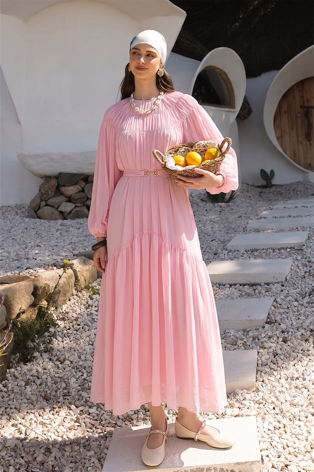 Büzgü Detaylı Balon Kol Şifon Elbise PEMBE 9461-E