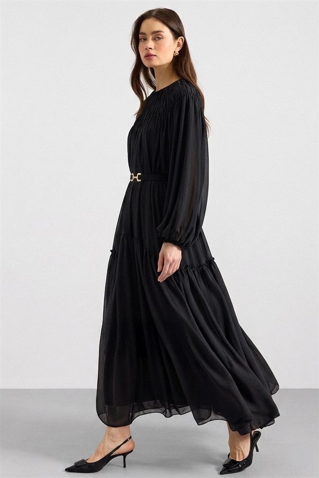 Büzgü Detaylı Balon Kol Şifon Elbise SİYAH 9461-E