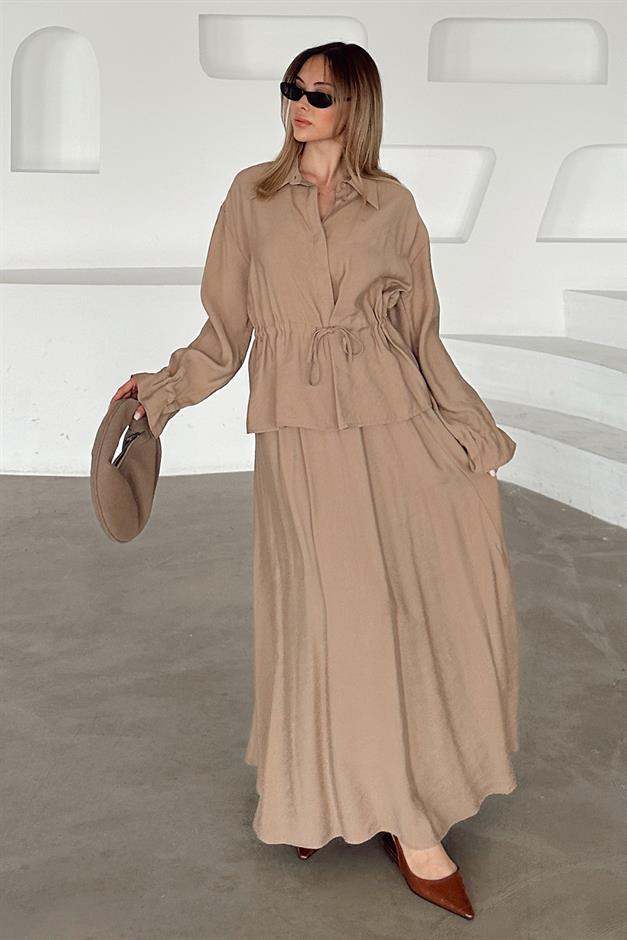 Pleated Detailed Skirt Jacket Modal Suit CAMEL 9347-TK