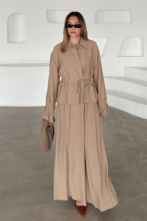 Pleated Detailed Skirt Jacket Modal Suit CAMEL 9347-TK