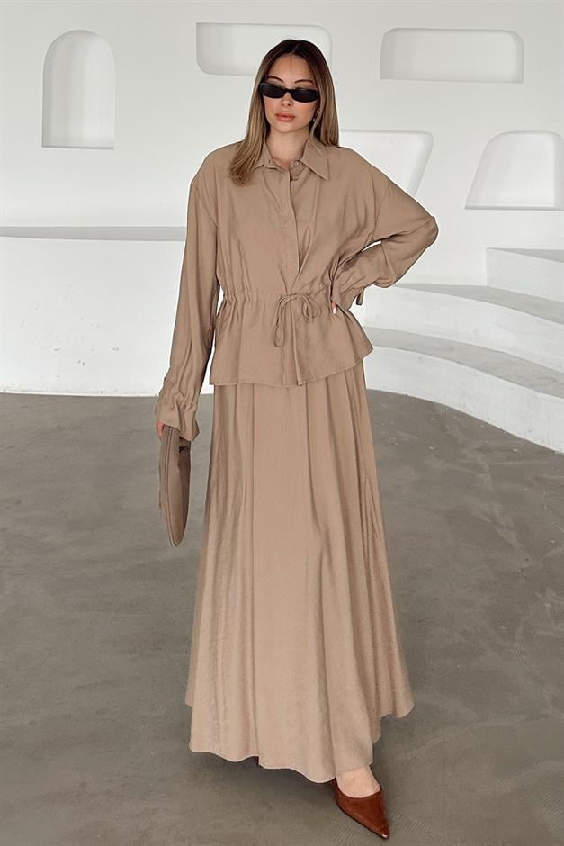 Pleated Detailed Skirt Jacket Modal Suit CAMEL 9347-TK