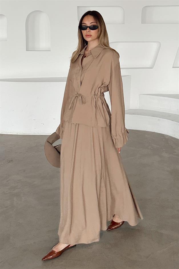 Pleated Detailed Skirt Jacket Modal Suit CAMEL 9347-TK