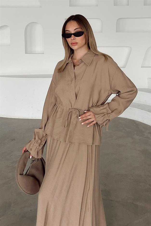 Pleated Detailed Skirt Jacket Modal Suit CAMEL 9347-TK