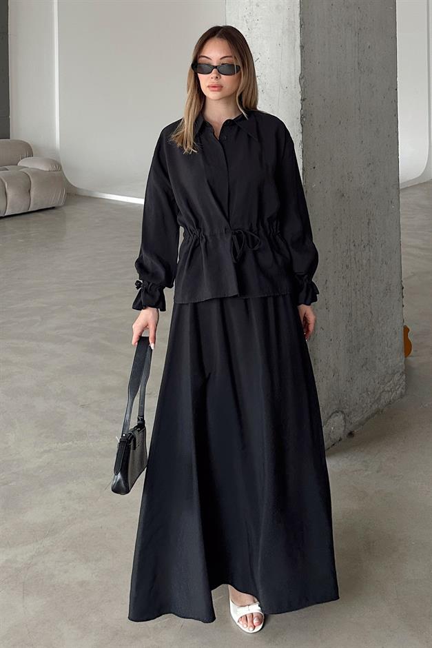 Pleated Detailed Skirt Jacket Modal Suit BLACK 9347-TK