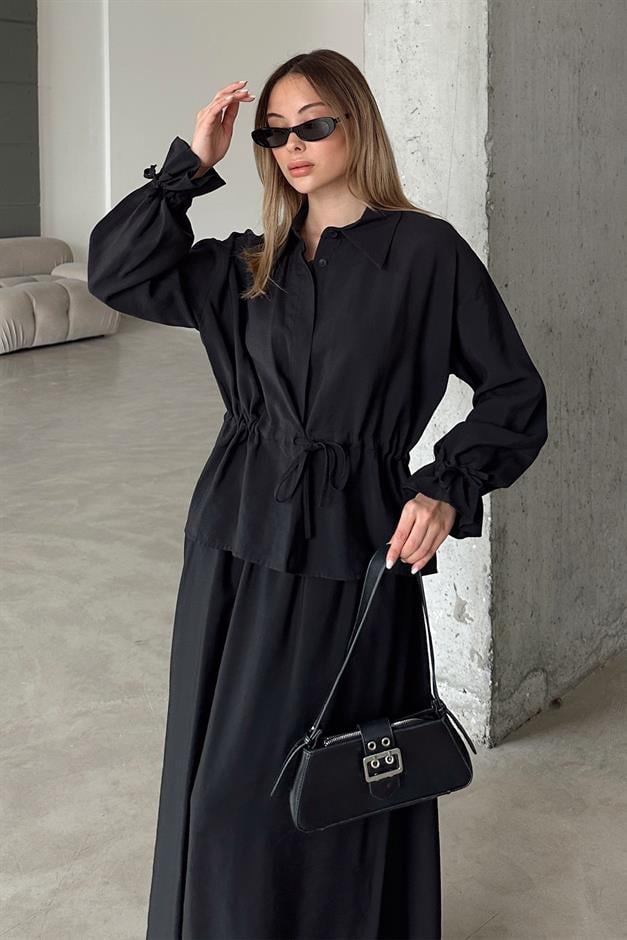 Pleated Detailed Skirt Jacket Modal Suit BLACK 9347-TK