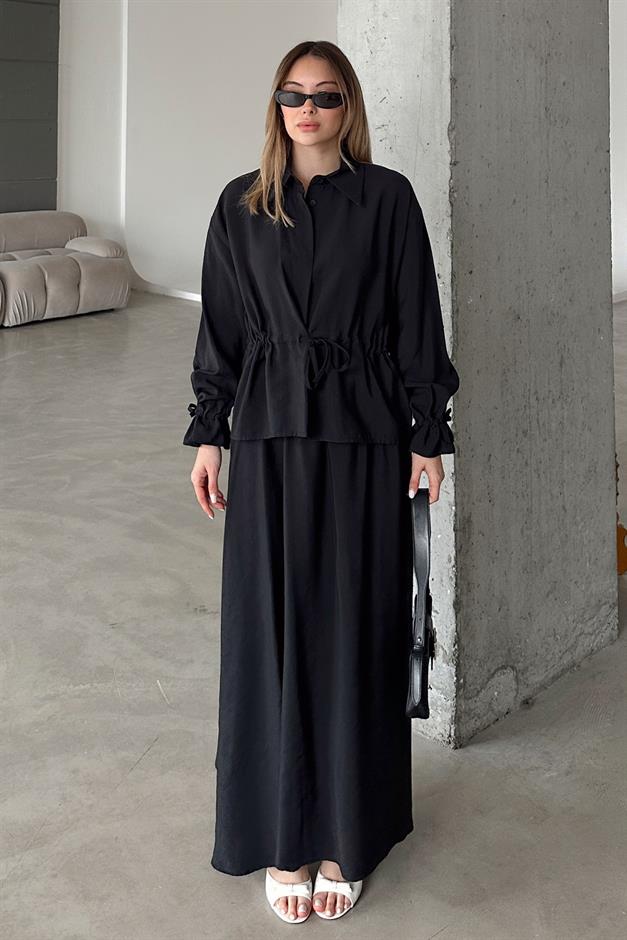 Pleated Detailed Skirt Jacket Modal Suit BLACK 9347-TK