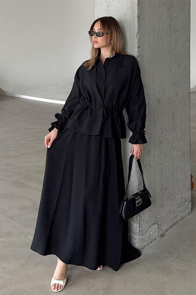 Pleated Detailed Skirt Jacket Modal Suit BLACK 9347-TK