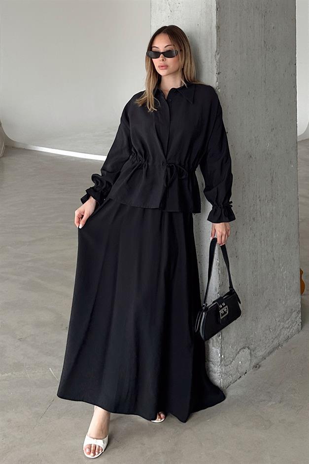 Pleated Detailed Skirt Jacket Modal Suit BLACK 9347-TK