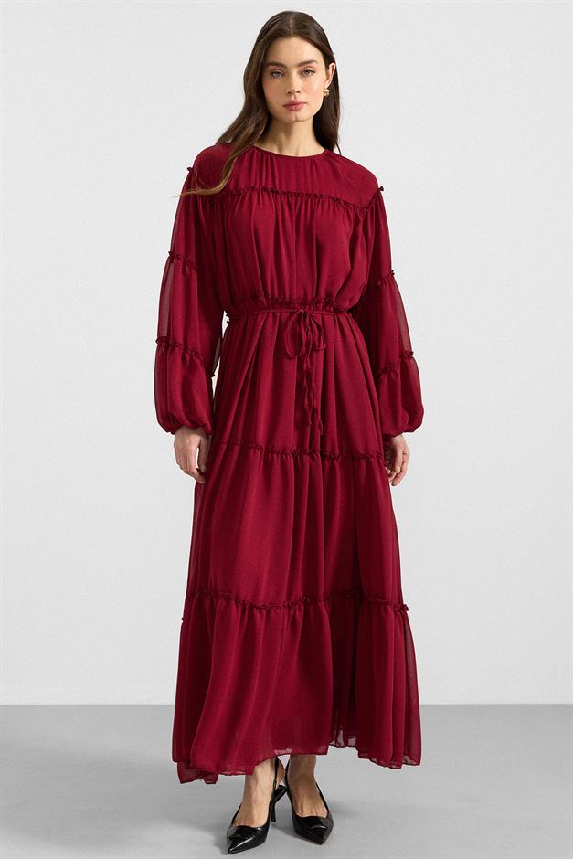 Büzgü Detaylı Şifon Elbise BORDO 9416-E