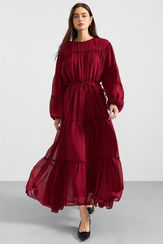 Büzgü Detaylı Şifon Elbise BORDO 9416-E