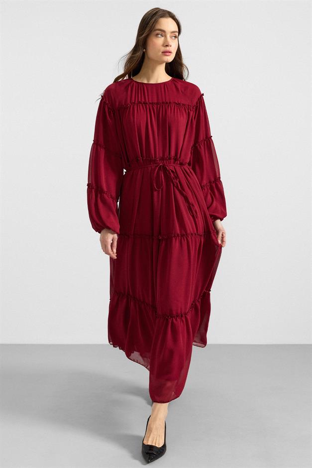 Büzgü Detaylı Şifon Elbise BORDO 9416-E