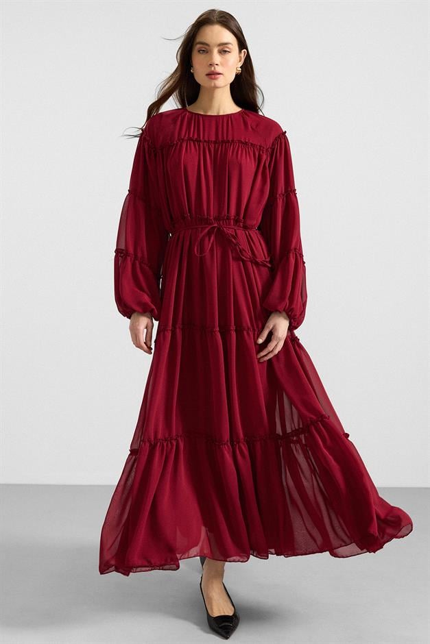 Büzgü Detaylı Şifon Elbise BORDO 9416-E