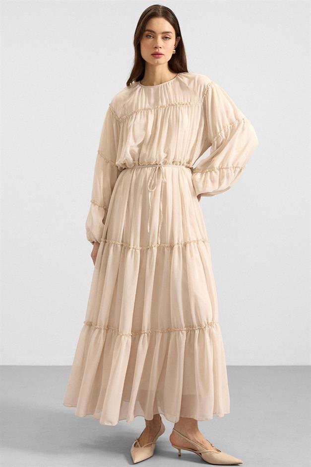 Büzgü Detaylı Şifon Elbise KREM 9416-E