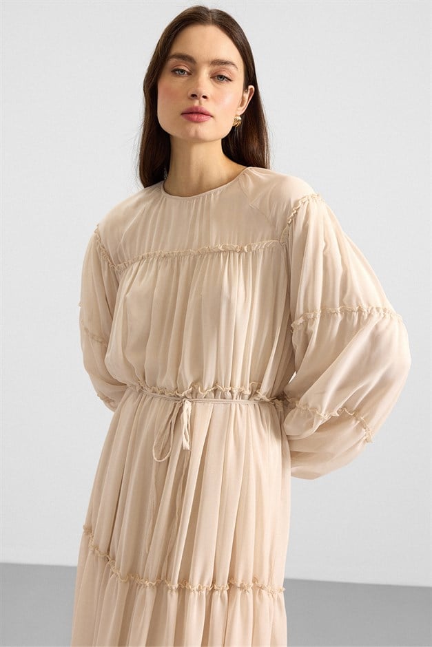 Büzgü Detaylı Şifon Elbise KREM 9416-E