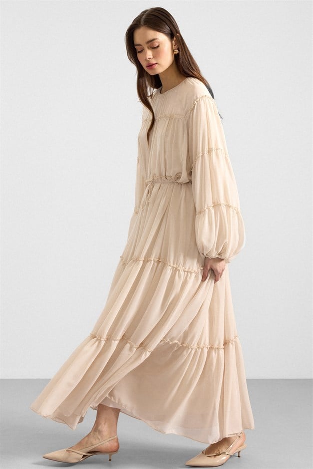 Büzgü Detaylı Şifon Elbise KREM 9416-E