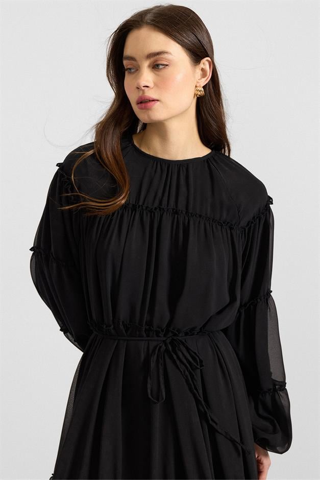 Büzgü Detaylı Şifon Elbise SİYAH 9416-E