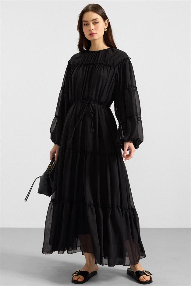 Büzgü Detaylı Şifon Elbise SİYAH 9416-E