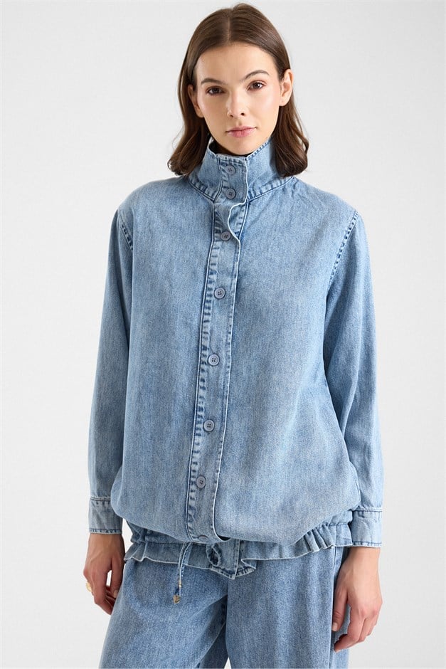 Büzgü Detaylı Soft Denim Ceket Pantolon İkili Takım MAVİ 9472-TK