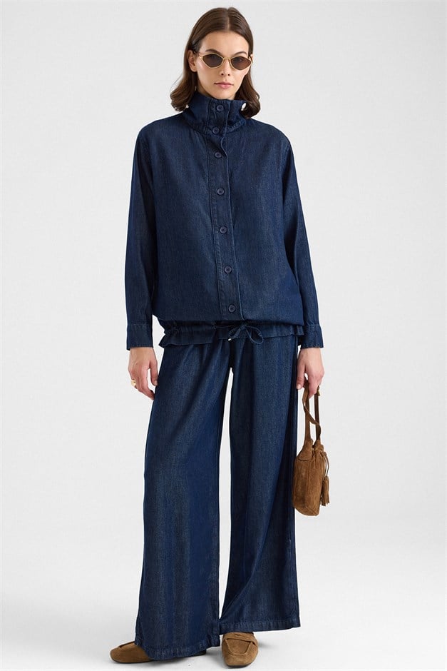 Büzgü Detaylı Soft Denim Ceket Pantolon İkili Takım LACİVERT 9472-TK