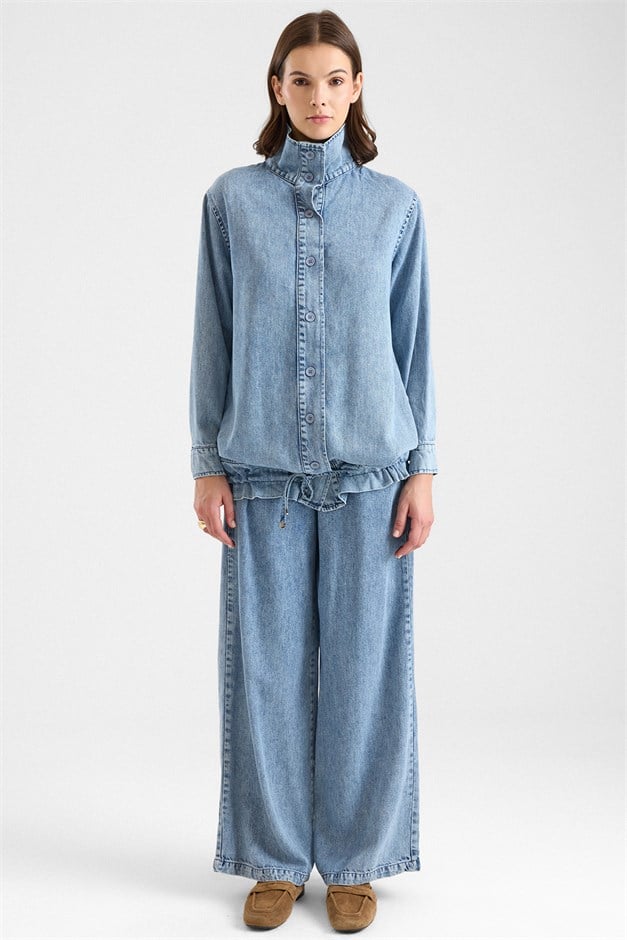 Büzgü Detaylı Soft Denim Ceket Pantolon İkili Takım MAVİ 9472-TK