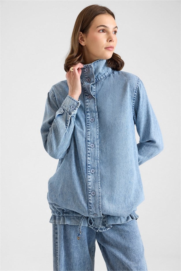 Büzgü Detaylı Soft Denim Ceket Pantolon İkili Takım MAVİ 9472-TK