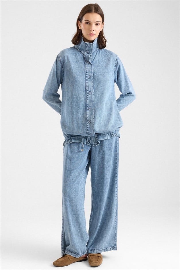 Büzgü Detaylı Soft Denim Ceket Pantolon İkili Takım MAVİ 9472-TK