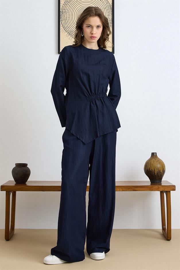 Büzgü Detaylı Soft Denim Tunik Pantolon Takıım LACİVERT 9421-TK