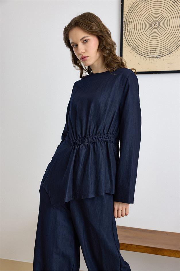 Büzgü Detaylı Soft Denim Tunik Pantolon Takıım LACİVERT 9421-TK