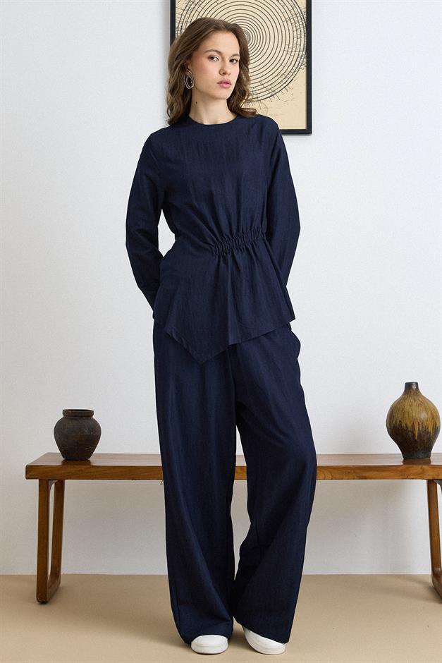 Büzgü Detaylı Soft Denim Tunik Pantolon Takıım LACİVERT 9421-TK