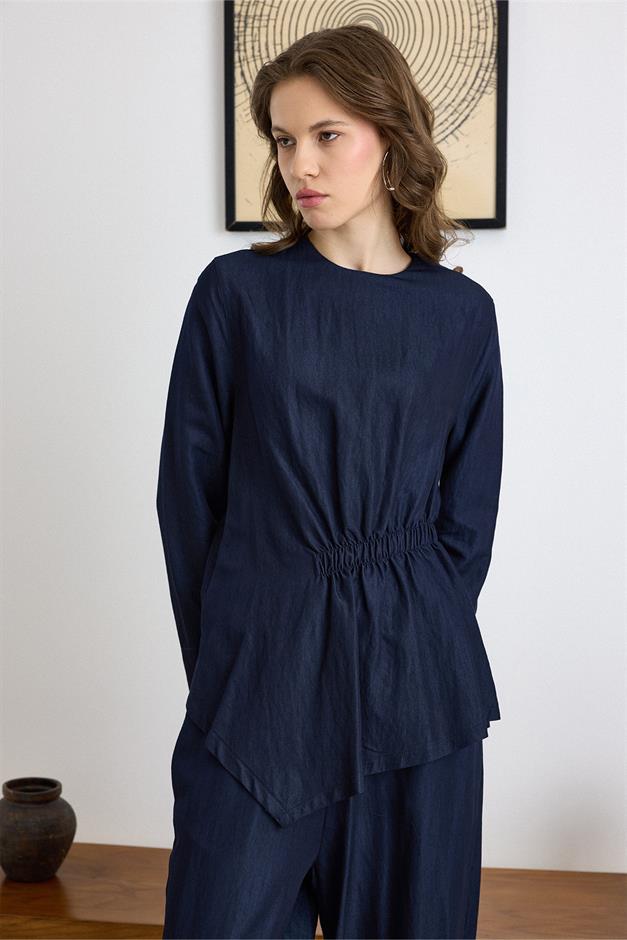 Büzgü Detaylı Soft Denim Tunik Pantolon Takıım LACİVERT 9421-TK