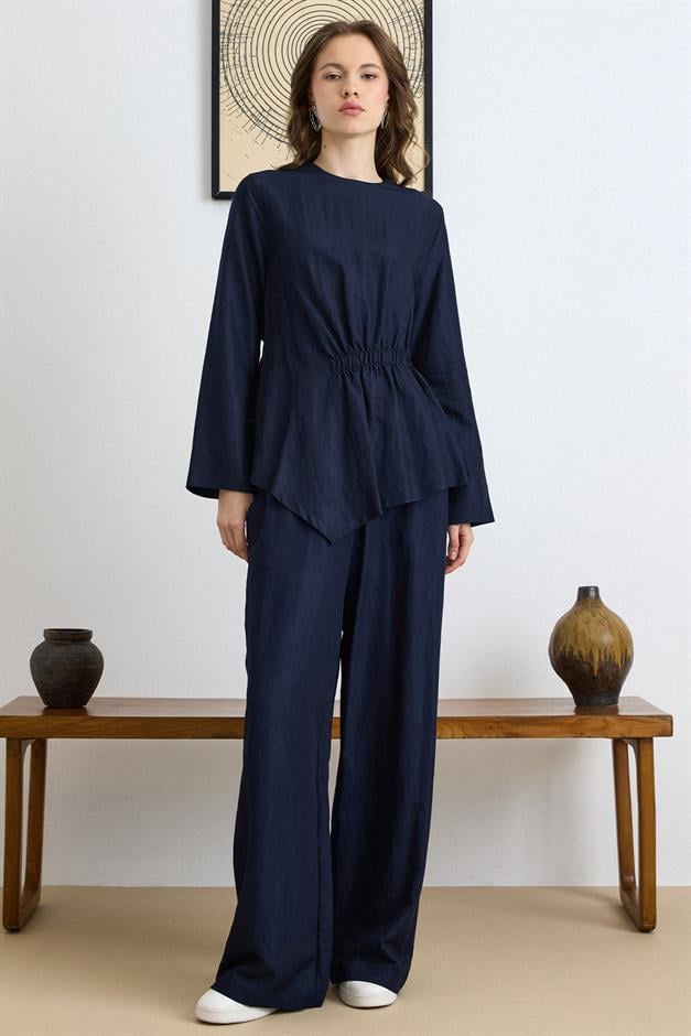 Büzgü Detaylı Soft Denim Tunik Pantolon Takıım LACİVERT 9421-TK