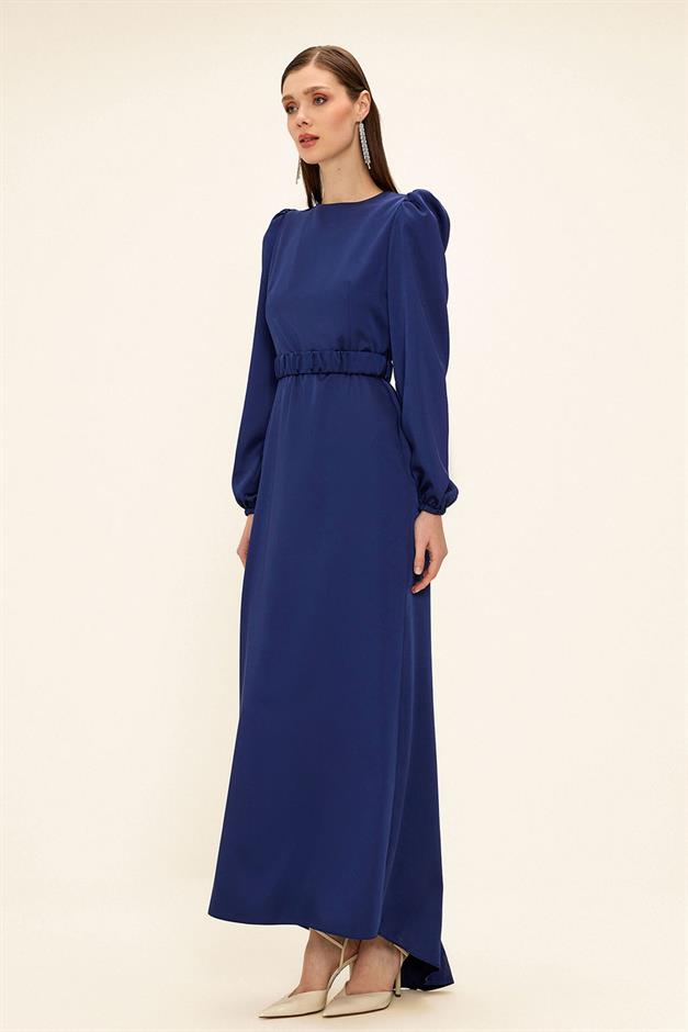 فستان سهرة ساتان للحجاب مع حزام مطوي إنديجو 1679