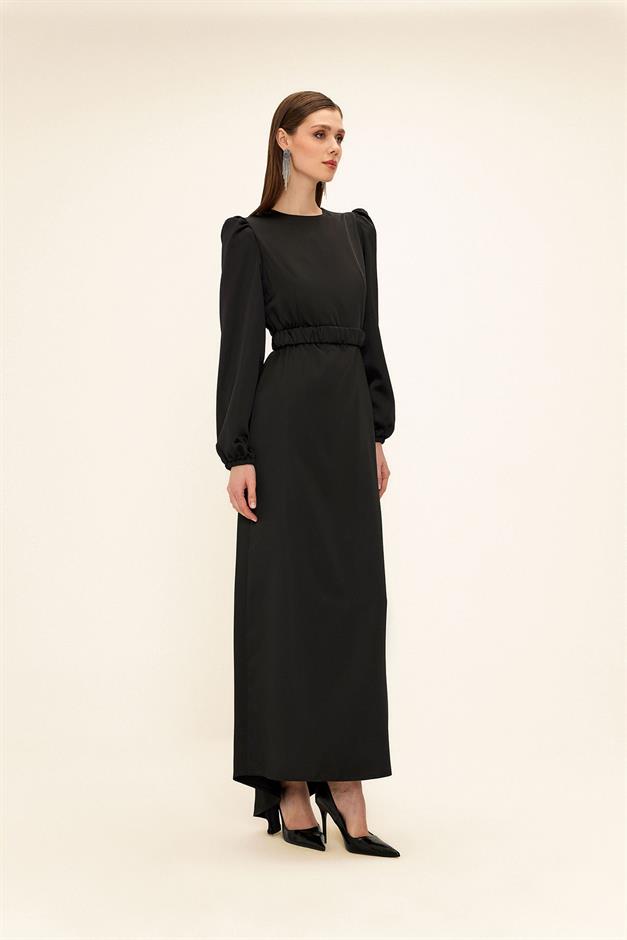 فستان سهرة ساتان للحجاب مع حزام مطوي أسود 1679