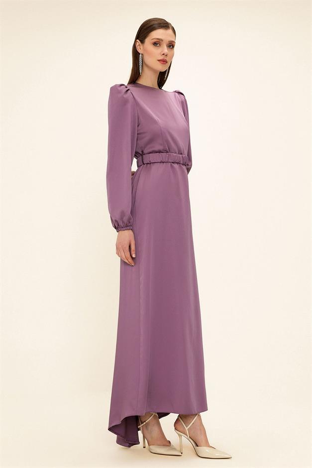 فستان سهرة ساتان للحجاب مع حزام مطوي ك. ليلا 1679