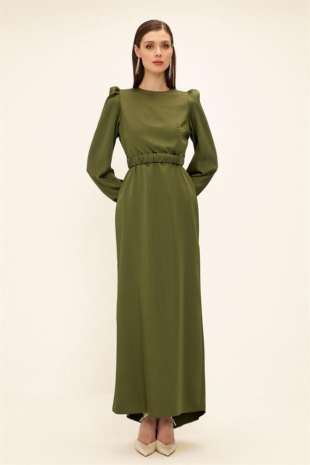 فستان سهرة ساتان للحجاب مع حزام مطوي أخضر فاتح 1679