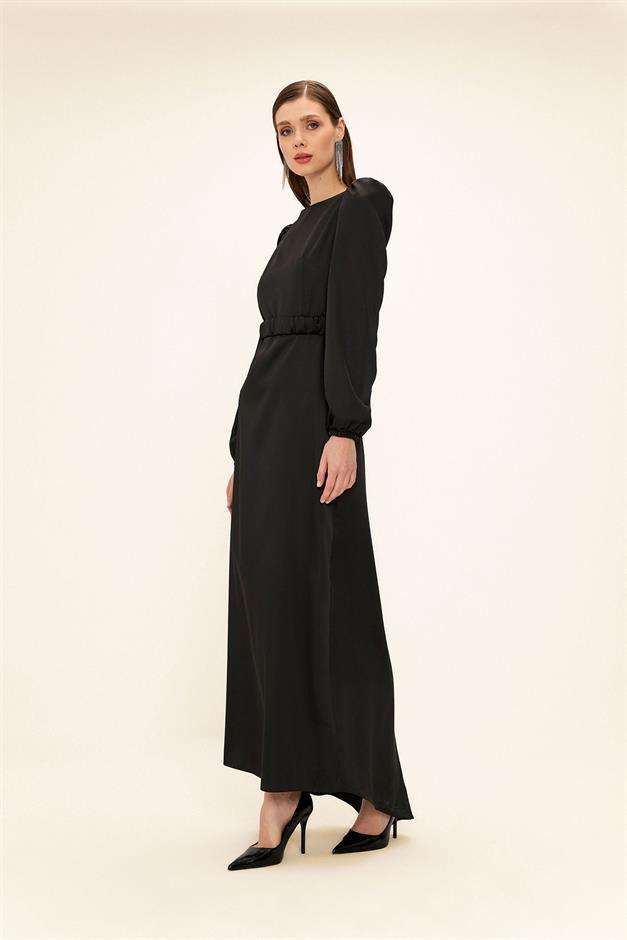 فستان سهرة ساتان للحجاب مع حزام مطوي أسود 1679