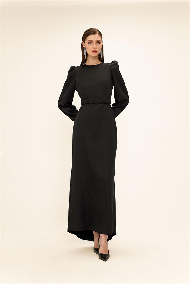 فستان سهرة ساتان للحجاب مع حزام مطوي أسود 1679