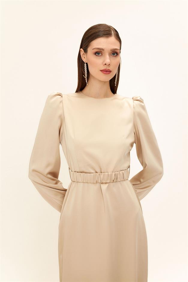 فستان سهرة ساتان للحجاب مع حزام مطوي يفعل 1679