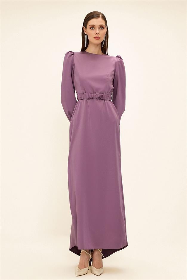 فستان سهرة ساتان للحجاب مع حزام مطوي ك. ليلا 1679