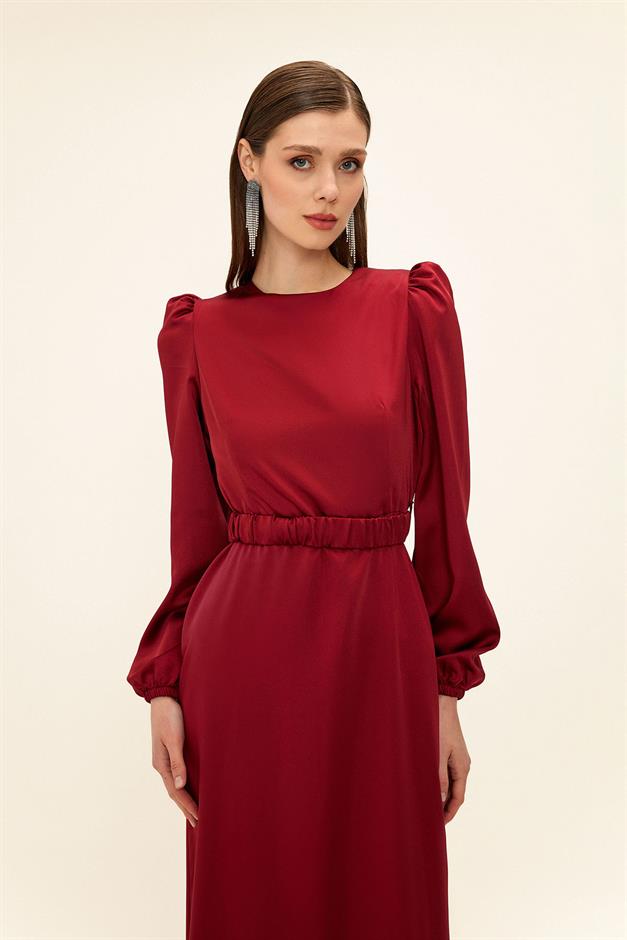 فستان سهرة ساتان للحجاب مع حزام مطوي حافة 1679